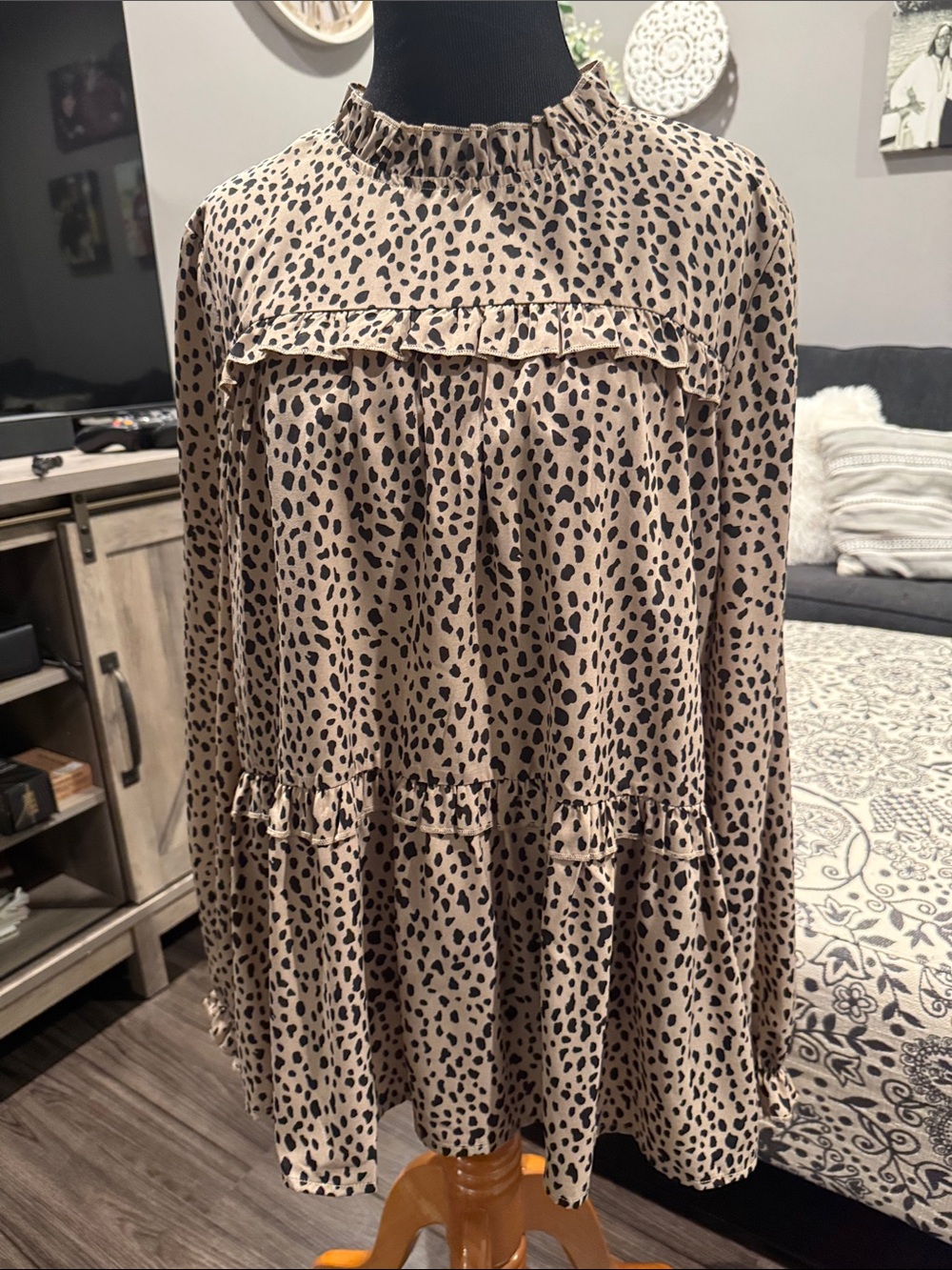 Ruffled High-Neck Leopard Print Top - Beige/Black